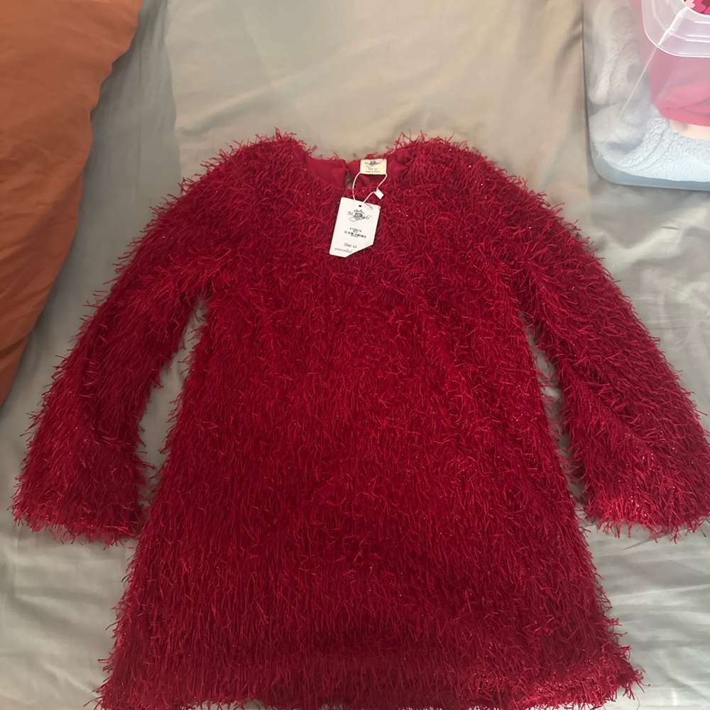M.L. Kids Red Fuzzy Eyelash Yarn Holiday Dress | Girls Size 10 | NWT